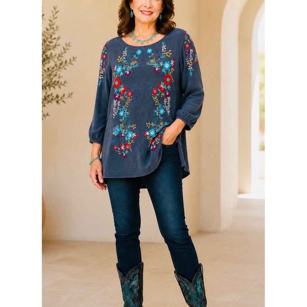 Johnny Was Embroidered Floral Tunic Top Navy Blue Boho Silky Blend Large